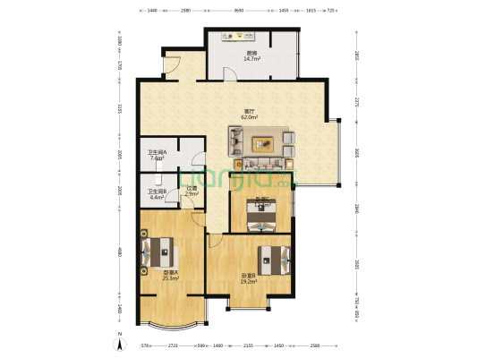 长安5号小区 3室1厅2卫 174平方