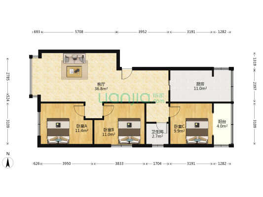 文武路5号 3室1厅1卫 107平方