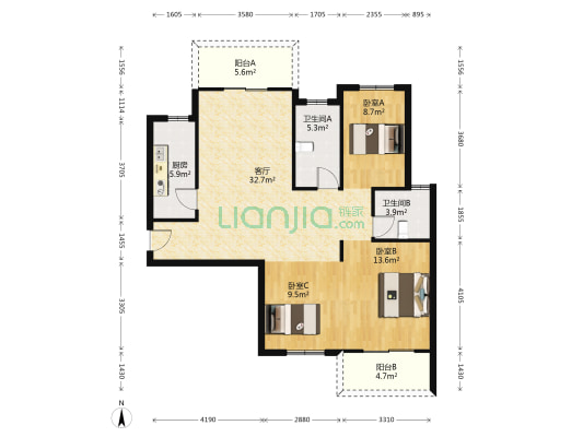 湘龙鑫城三期 3室1厅2卫 123平方