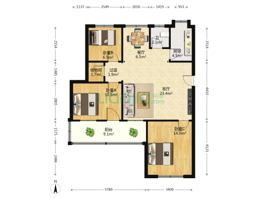 中铁十二局第三工程宿舍 3室2厅1卫 90平方