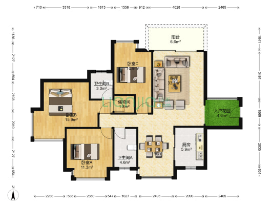 长盈花园 3室1厅2卫 117平方