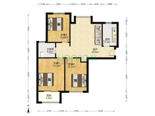 锦艺国际华都博郡 3室1厅1卫 88平方