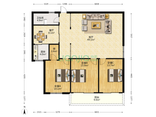 盛昌花园 3室2厅1卫 146平方