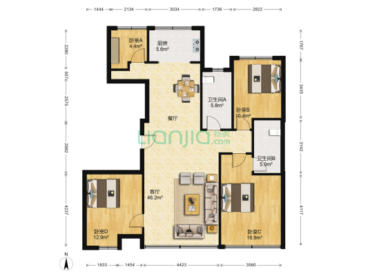 绿城蘭园 4室1厅2卫 140平方