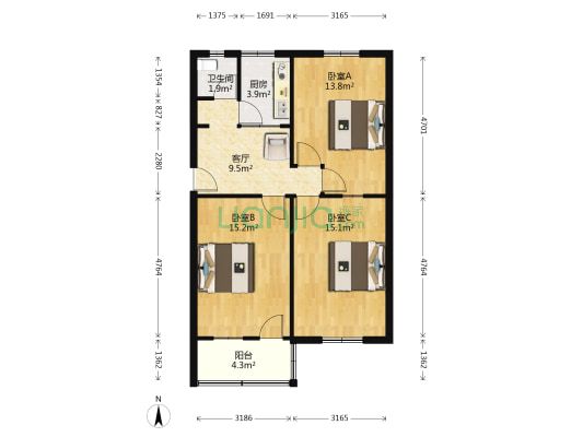 运河路101号院 3室1厅1卫 76平方