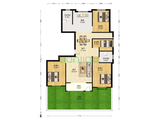 壹里阳光 4室2厅2卫 139平方