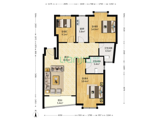 金色港湾 3室1厅2卫 126平方