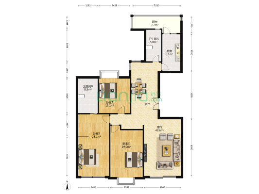 金色家园 3室1厅2卫 176平方