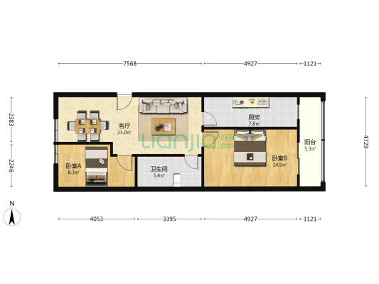 金领公寓 2室1厅1卫 82平方