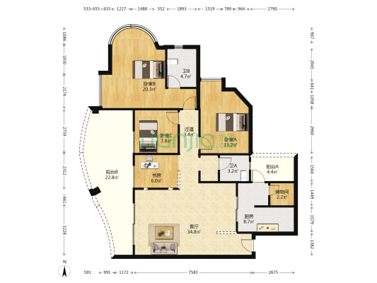 南方上格林紫微苑 4室1厅2卫 141平方