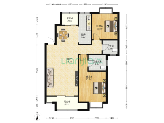 三亚海航城一期 2室1厅2卫 100平方