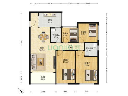 鸥鹏天境 4室1厅2卫 122平方