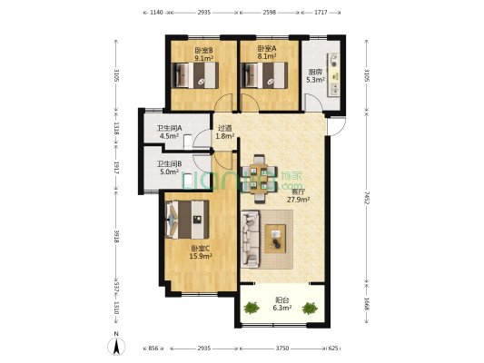 罗兰春天 3室1厅2卫 116平方