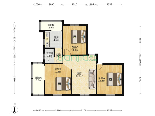 广平路 3室1厅1卫 88平方