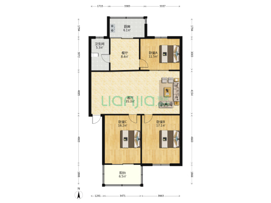 江滨新村30号 3室2厅1卫 125平方