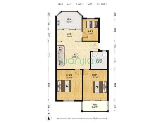 金舜花园 3室1厅1卫 101平方