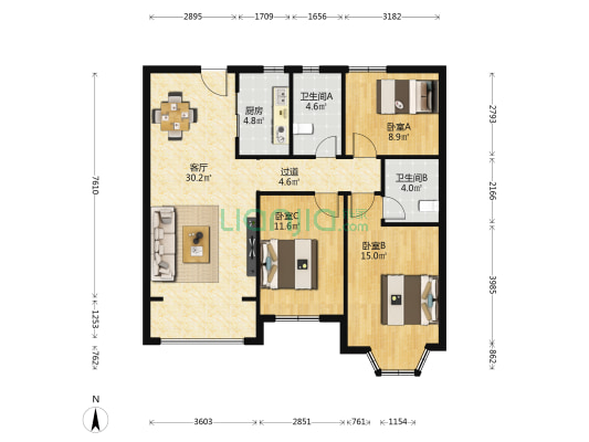 大名城珑域东区 3室1厅2卫 112平方