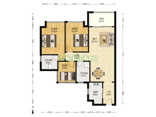 亚运城天峯1区 3室1厅2卫 103平方