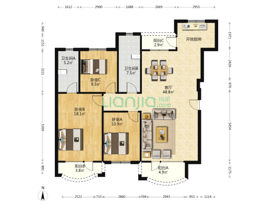 伟业江山御璟 3室1厅2卫 127平方