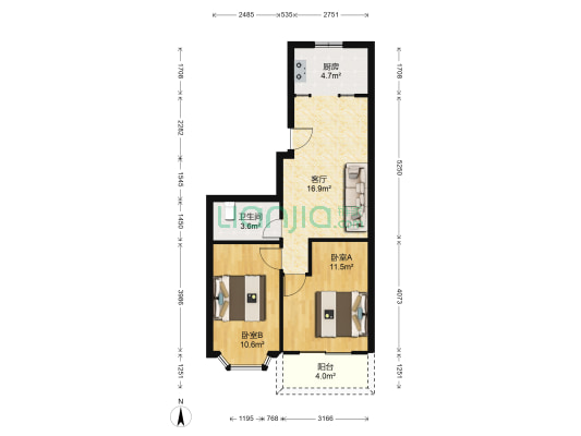 嘉南公寓瀑水居 2室1厅1卫 63平方