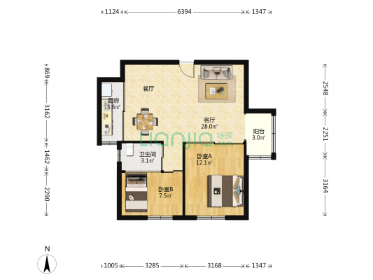 海珠大厦 2室1厅1卫 69平方
