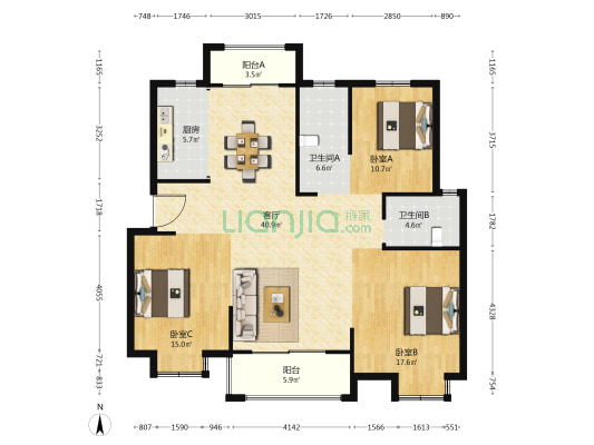 东河新园 3室1厅2卫 133平方