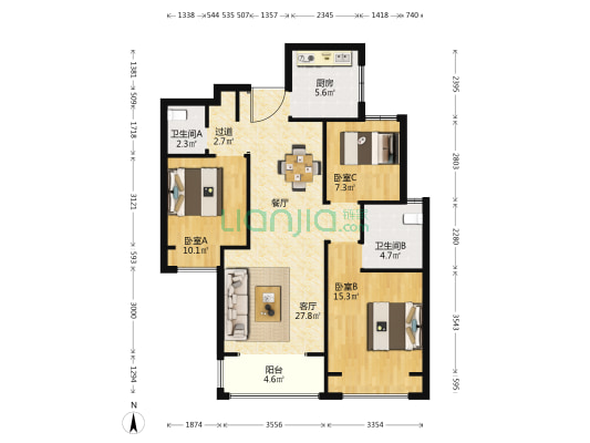瀚宇天悦城一期 3室1厅2卫 108平方