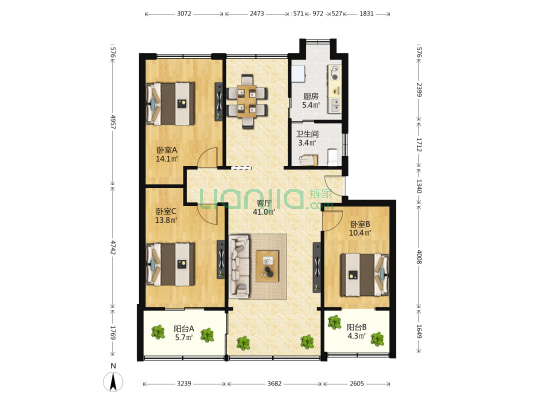 长堎镇育新路 3室1厅1卫 119平方