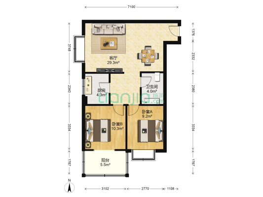 黄金屋 2室1厅1卫 87平方