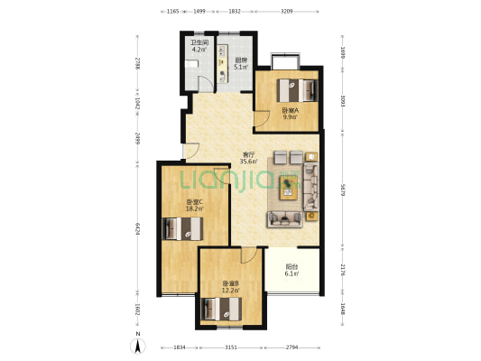 龙乡苑 3室1厅1卫 111平方