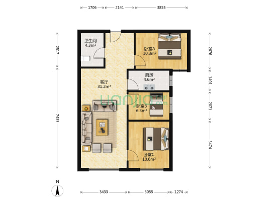 鸿坤理想湾 三居室 环境好 户型方正-户型图