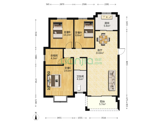 中景花园 3室1厅1卫 119平方