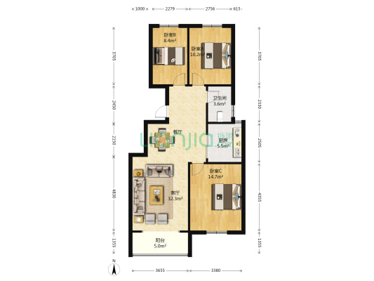 雅荷苑莲城国际 3室1厅1卫 115平方