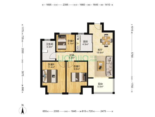 绿地滨湖国际八区 3室1厅1卫 88平方
