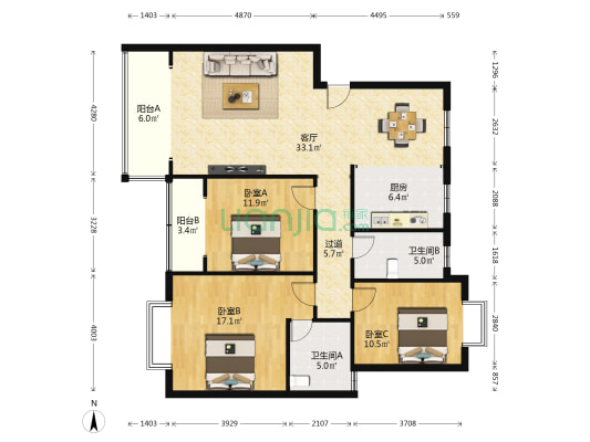 阳晨新世界B区 3室1厅2卫 123平方