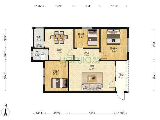 井湾路住宅 3室2厅1卫 97平方