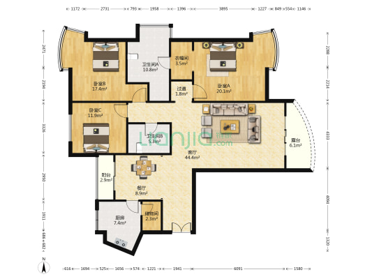 丽都水岸 3室2厅2卫 179平方