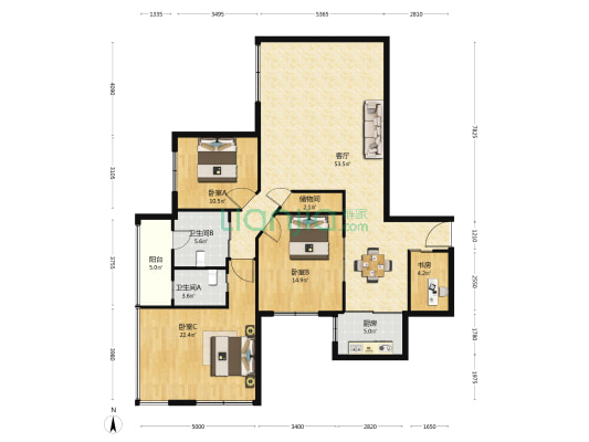 南方大厦 4室1厅2卫 166平方