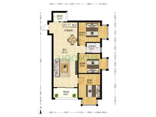 振宁星光广场 3室1厅1卫 92平方