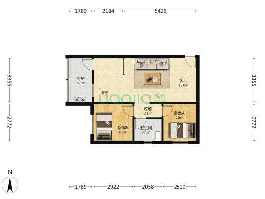 红运花园 2室1厅1卫 65平方