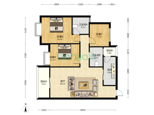 精彩城 3室1厅2卫 116平方
