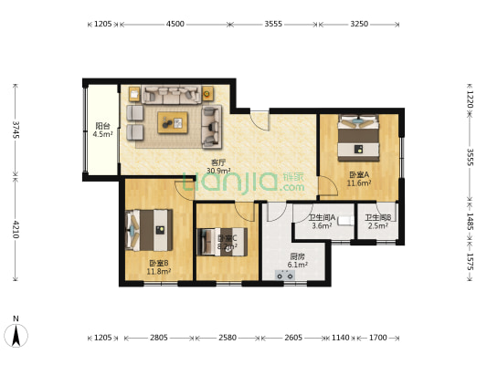 虹桥苑 3室1厅2卫 99平方