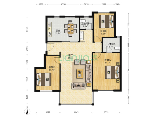 公元九里B区 3室1厅2卫 114平方