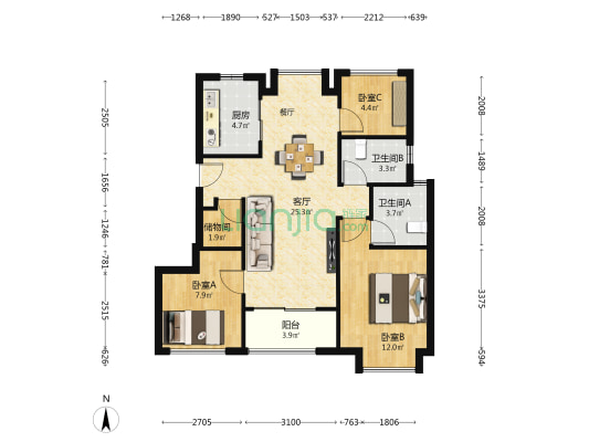 建发文澜春晓 3室1厅2卫 88平方