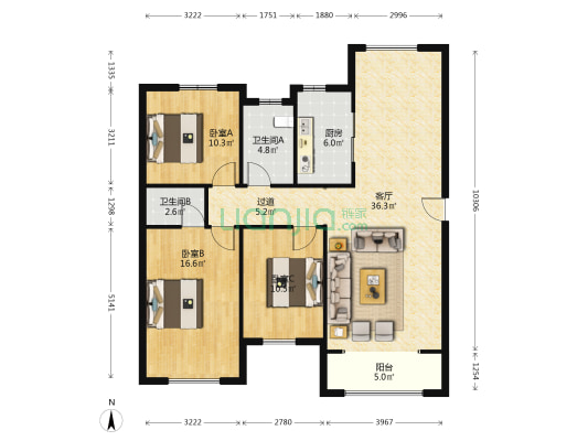 翰林国际 3室1厅2卫 137平方
