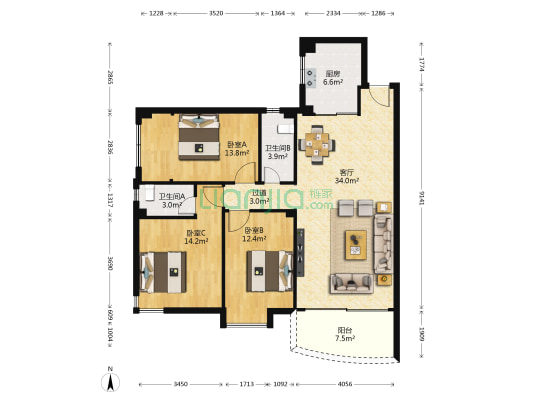 景馨名居A 3室1厅2卫 126平方