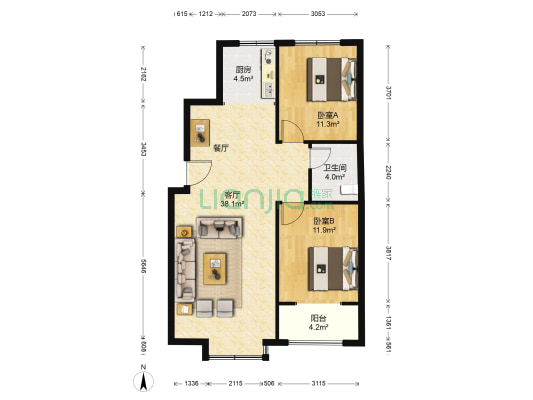 海德公馆 2室1厅1卫 103平方