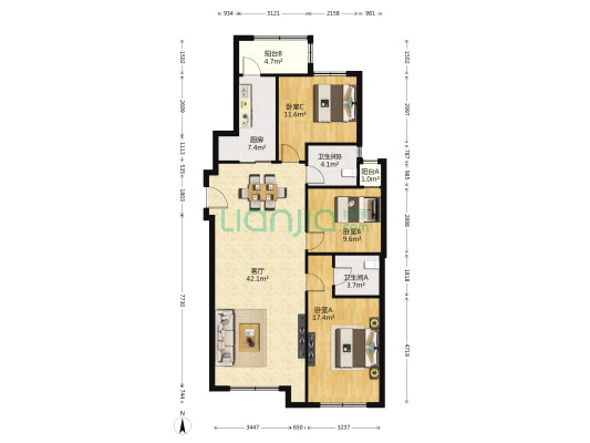福荣园 3室1厅2卫 126平方