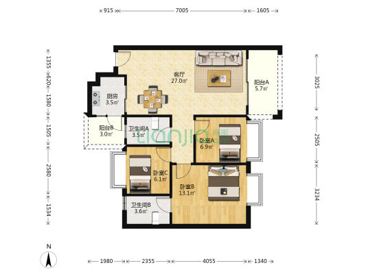 雍翠新城二期 3室1厅2卫 94平方
