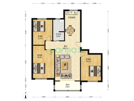 海韵名邦二区 3室1厅1卫 129平方
